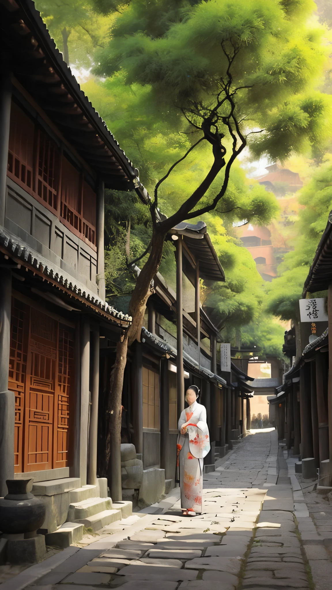 painting of a tree in a narrow alley with a stone path, dreamy chinese town, ancient city streets behind her, chinese village, old asian village, by Zou Zhe, by Yang J, japanese street, beautiful anime scene, incredibly beautiful, by Li Song, by Yu Zhiding, by Leng Mei, by Qu Leilei, beautiful ancient trees