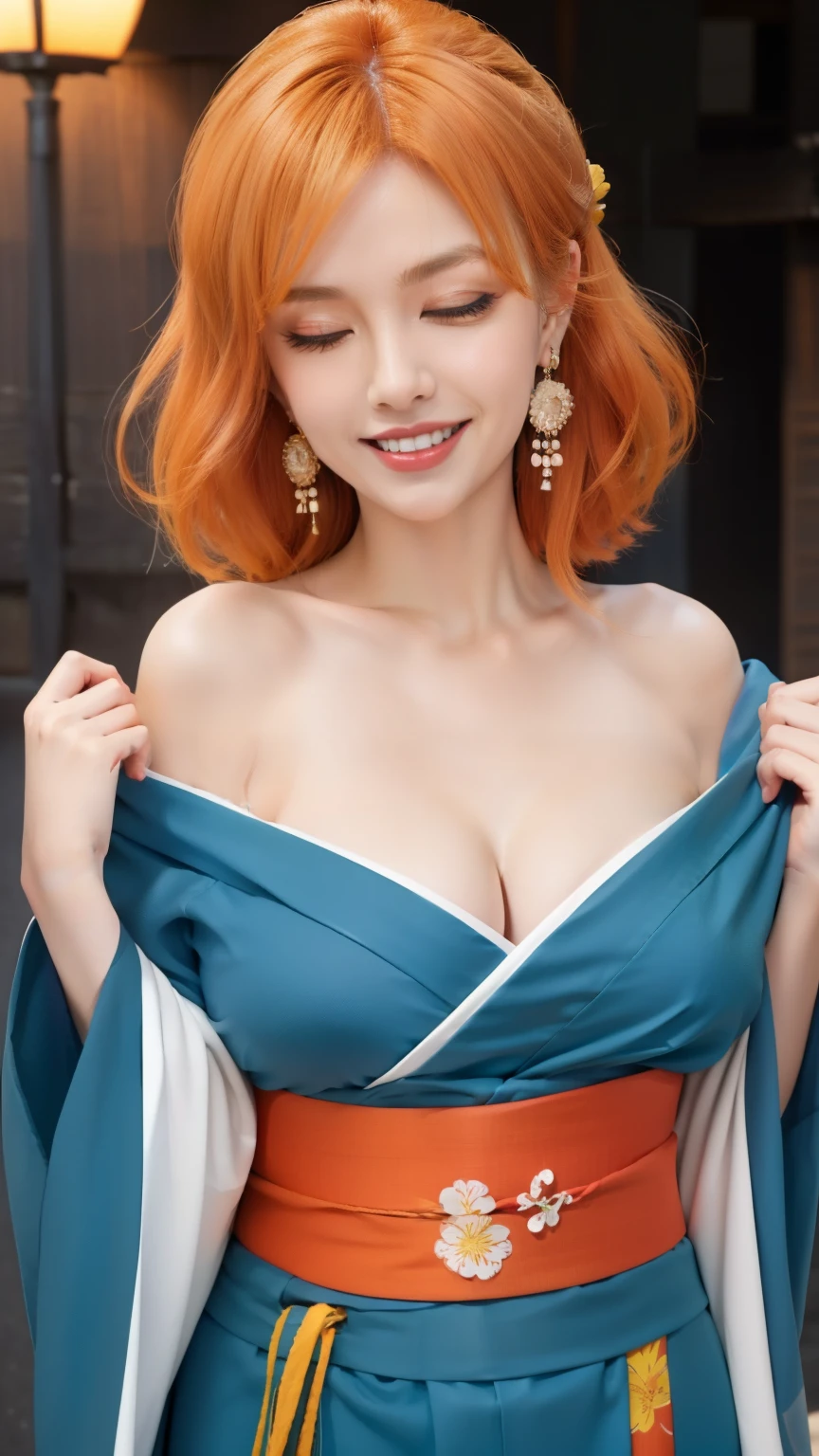 (Masterpiece), 1girl, high quality, best quality, clean, highly detailed, Nami, one piece, orange hair, solo,  large breasts, cleavage, bare shoulders, brown eyes, upper body, earrings, one eye closed, japanese clothes, tongue, tongue out, smile, kimono, sash, tattoo, obi, undressing, blue kimono, ;p