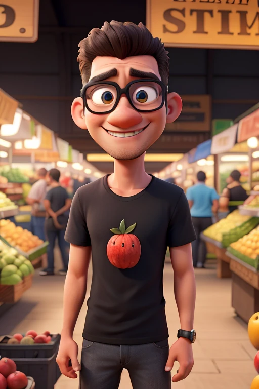A 3D farm caricature man sold the fruit at the market mall wearing Black T-Shirt and sun glasses ,a waiting the customer. Tough guys ,named shirt "Adik Am". Good footage. Age 29 years old. Tufts guy. Mood normal smile