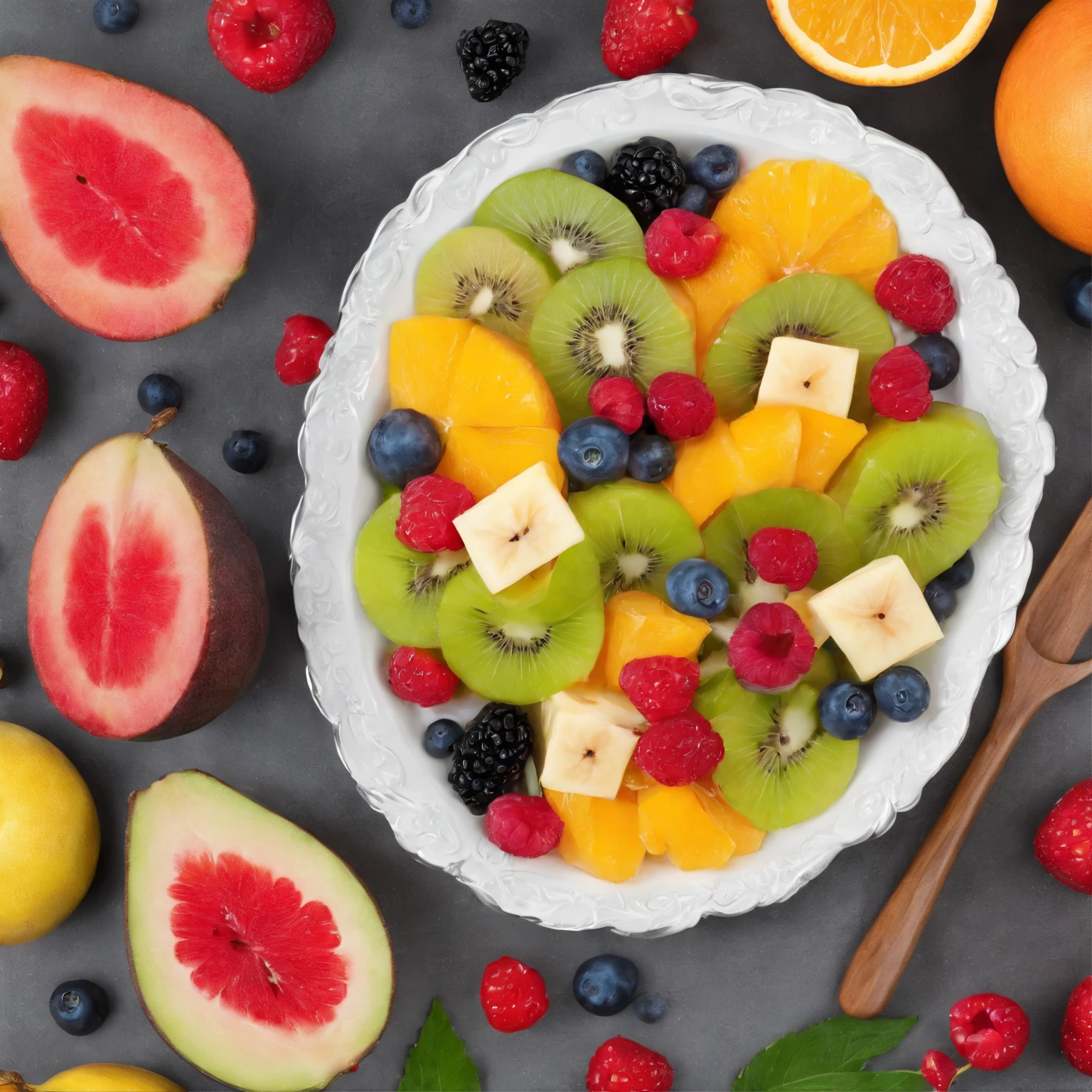 a delicious fruit salad, cinematic, professional photography, studio lighting, studio background, advertising photography, intricate details, hyper-detailed, ultra realistic, 8K UHD