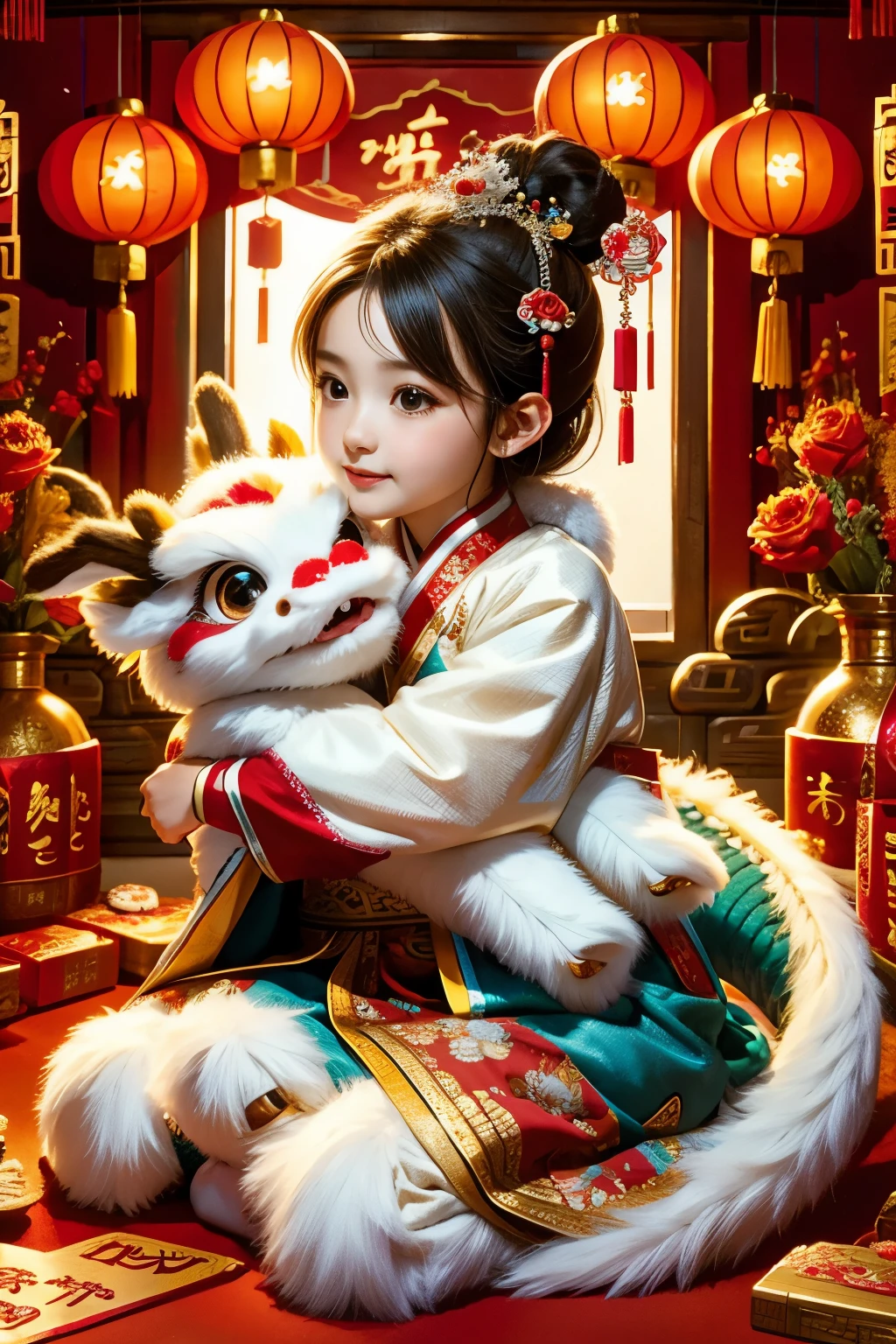 1 girl hugging cute little chinese dragon, ancient chinese little princess, chinese  dragon, cute, festive, chinese lunar new year, firecrackers, fireworks