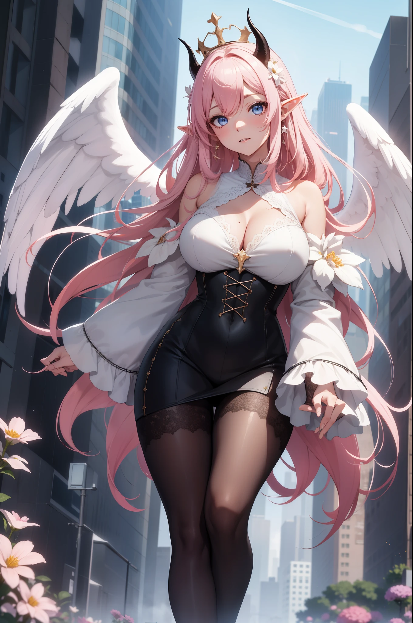 giant girl 50,000 feet high,Weight 1000kg,Has a pair of long legs,Open your eyes wide,Has three pairs of huge white angel wings,With huge devil horns on his head,crown on head,Elf wearing white earrings,She has long pink hair that reaches her feet,loose hair,Pink wavy long curly hair,Wearing a pair of black boots,White sleeves,Wearing white lace pantyhose,Pantyhose with bow and star decorations,白色蕾丝whole body,Standing on a tall building in the city,Beautiful appearance,Exquisite makeup,quality,8k,高quality,Perfect proportion, Cinema lighting,film grain,Fuji colors,8k,textured skin,Super details,high detail,high resolution,charming,blood stains,脚底有blood stains,whole body,Obese,elf princess,feather,flowers
