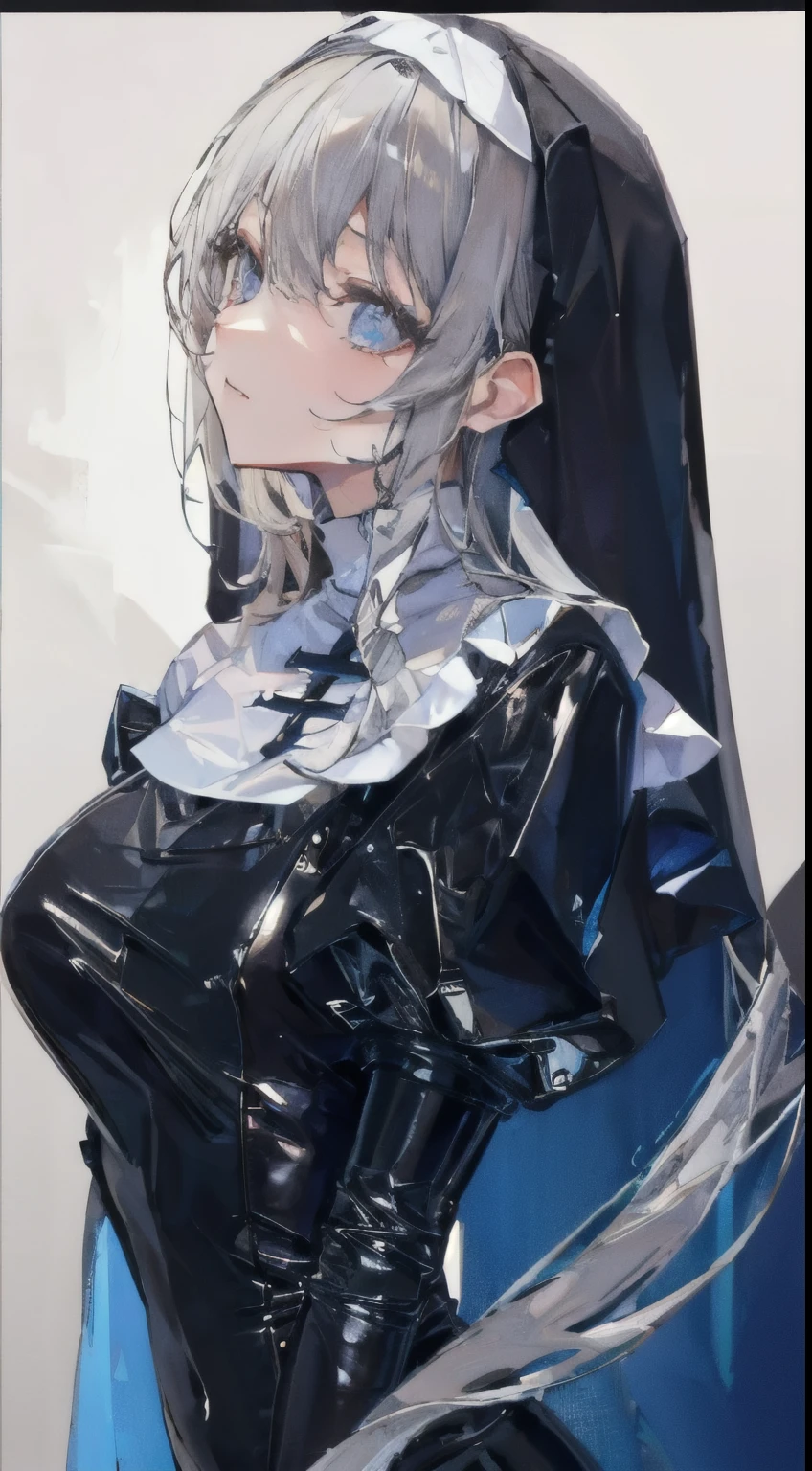 ((hypnotized girl)), blue big hypnotic eyes, 1 and slender woman, considerably enlarged breasts, ((Gray hair)),((unkempt long hair,)),In 8K, top quality, (highly detailed head: 1.0), (very detailed face: 1.0), (highly detailed hair: 1.0),((nun black costume)), ((obscene indecency)), Detailed official artwork, clean detailed anime art,((confused face)), ((shame),