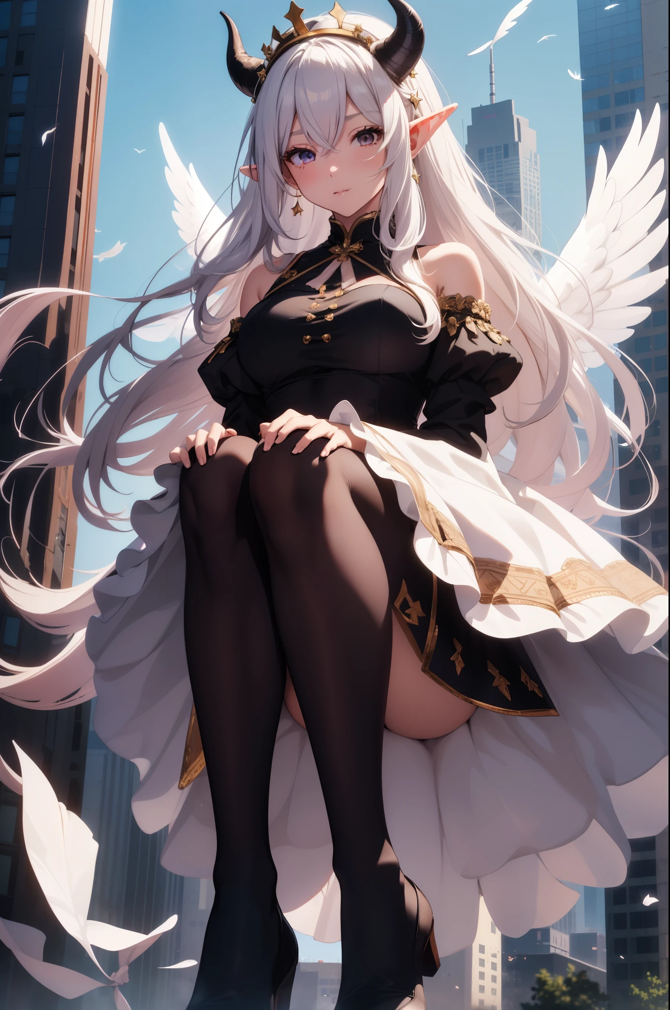giant girl 50,000 feet high,Weight 1000kg,Has a pair of long legs,Open your eyes wide,Has three pairs of huge white angel wings,With huge devil horns on his head,crown on head,Elf wearing white earrings,She has long pink hair that reaches her feet,loose hair,Pink wavy long curly hair,Wearing a pair of black boots,White sleeves,Wearing white lace pantyhose,Pantyhose with bow and star decorations,白色蕾丝whole body,Standing on a tall building in the city,Beautiful appearance,Exquisite makeup,quality,8k,高quality,Perfect proportion, Cinema lighting,film grain,Fuji colors,8k,textured skin,Super details,high detail,high resolution,charming,blood stains,脚底有blood stains,whole body,Obese,elf princess,feather,flowers