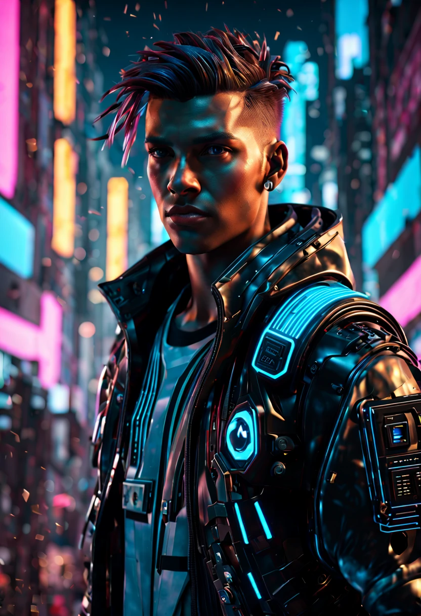 Generate a hyperrealistic 4K image of a cyberpunk young guy protagonist navigating a futuristic cityscape. Emphasize detailed, professional-grade 3D rendering with HDR effects and UHD resolution. The character should be intricately designed with cybernetic enhancements, wearing cutting-edge futuristic attire. The cityscape should feature advanced technologies, neon lights, and a mix of realistic and imaginative elements. Utilize Unreal Engine v5 or similar software for realistic rendering, ensuring the final image exudes a photorealistic quality. Explore high-resolution textures, hyper-detailed facial expressions, and employ techniques reminiscent of Midjourney, Stable Diffusion, and Leonardo AI styles. Capture the essence of a hyper-detailed, immersive cyberpunk world through this visual narrative.