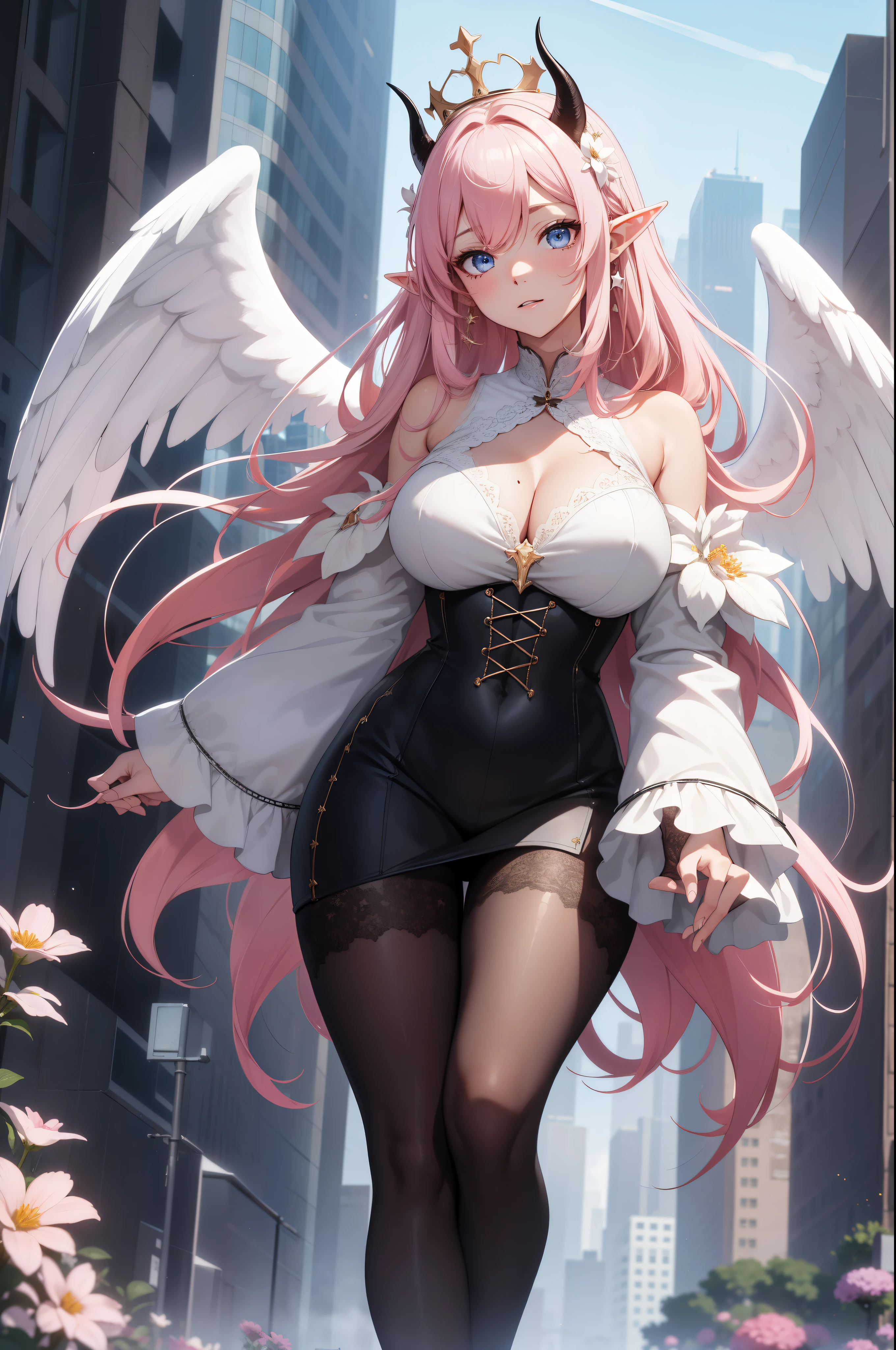 giant girl 50,000 feet high,Weight 1000kg,Have a pair of long legs,Keep your eyes open,Has three pairs of huge white angel wings,With huge devil horns on his head,wear a crown on your head,Elf wearing white earrings,She has long pink hair that reaches her feet,loose hair,Pink wavy long curly hair,Wearing a pair of black boots on her feet,white sleeves,Wearing white lace pantyhose,Bow and star embellished tights,白色蕾丝whole body,Stand on the tall buildings of the city,Beautiful appearance,Exquisite makeup,quality,8k,高quality,Perfect proportion, Cinema lighting,film grain,Fuji colors,8k,textured skin,Super details,high detail,high resolution,charming,blood stains,脚底有blood stains,whole body,fat,elf princess,feather,flowers