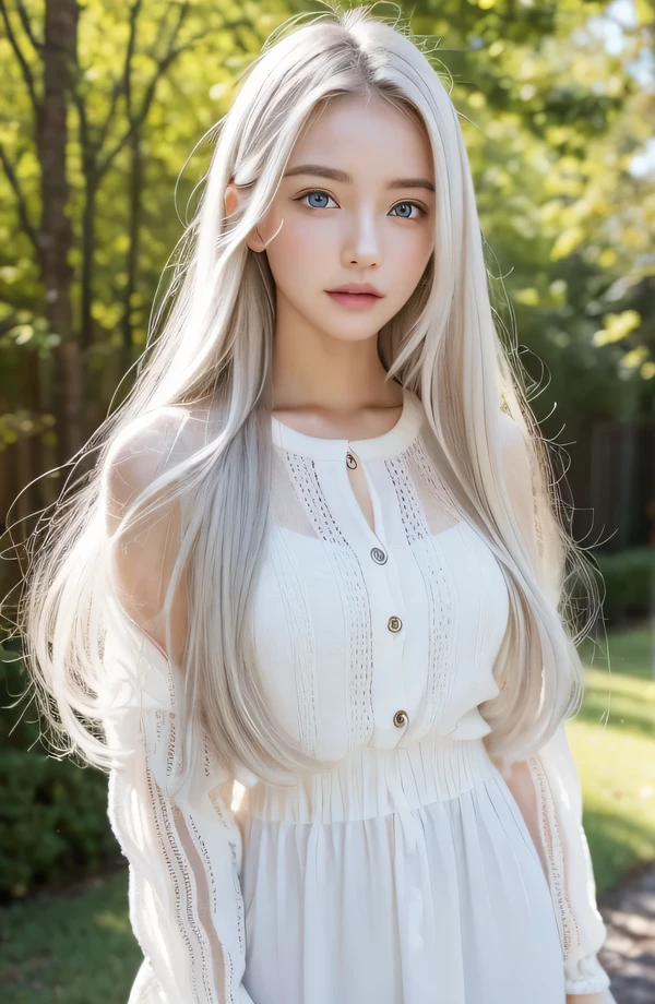 １４Caucasian model at the , 両脚でFull body photo standing,（(Clean clothes)), wearing fluffy clothes, Natural light, Pretty Caucasian Woman, white hair, Smiling, (8K, Live shooting, highest quality, masterpiece: 1.2), masterpiece, super detail, , High-definition RAW color photo, Full body photo standing, , , , , highly detailed eyes, realistic skin texture, highly detailed fingers, very detailed nose, highly detailed mouth, , Photo above the knee, , See-through feeling、Transparent processing、Wear loose clothing、, White hair, Blue eyes, masterpiece, realistic skin texture, , shiny hair and white skin, 、 natural skin texture,  A young woman who looks like a girl,  Photo above the knee、Blue eyes,  、lowered eyebrows,  innocent face,  Eyes that look gentle,  natural skin texture, round face,  Kind eyes, long and pure white beautiful hair、, small face,  No decorations attached,  white, drooping eyebrows,  Mont Blanc, white, drooping eyebrows、Eyes with sparkle、Both eyes are the same shape and size、Posing