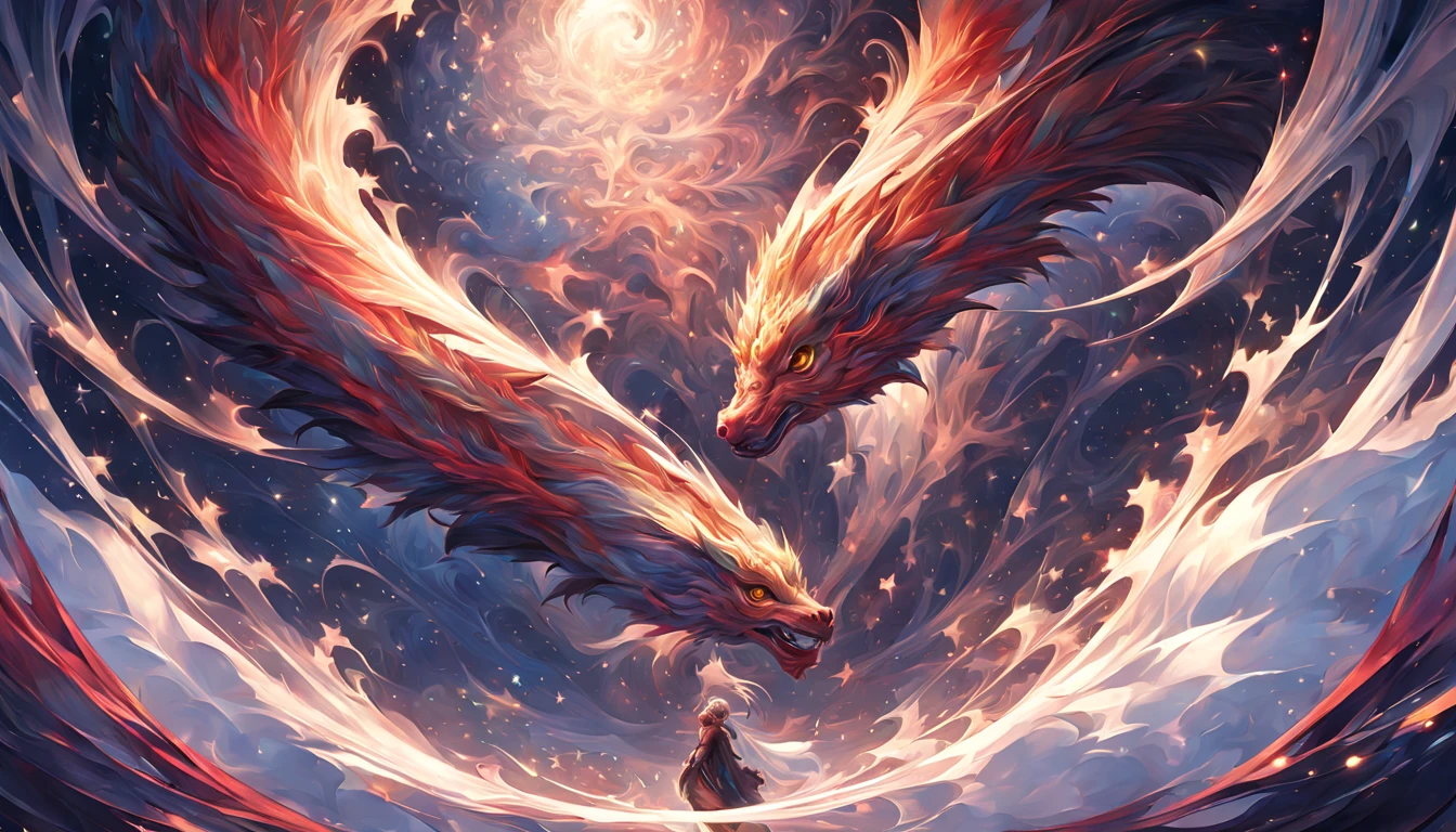 (masterpiece, top quality, best quality, official art, Beautiful and beautiful:1.2), (1 girl), Chinese dragon,Dreamy,Empty,Vast starry sky,Extremely detailed,(fractal art:1.3),rich and colorful,most detailed