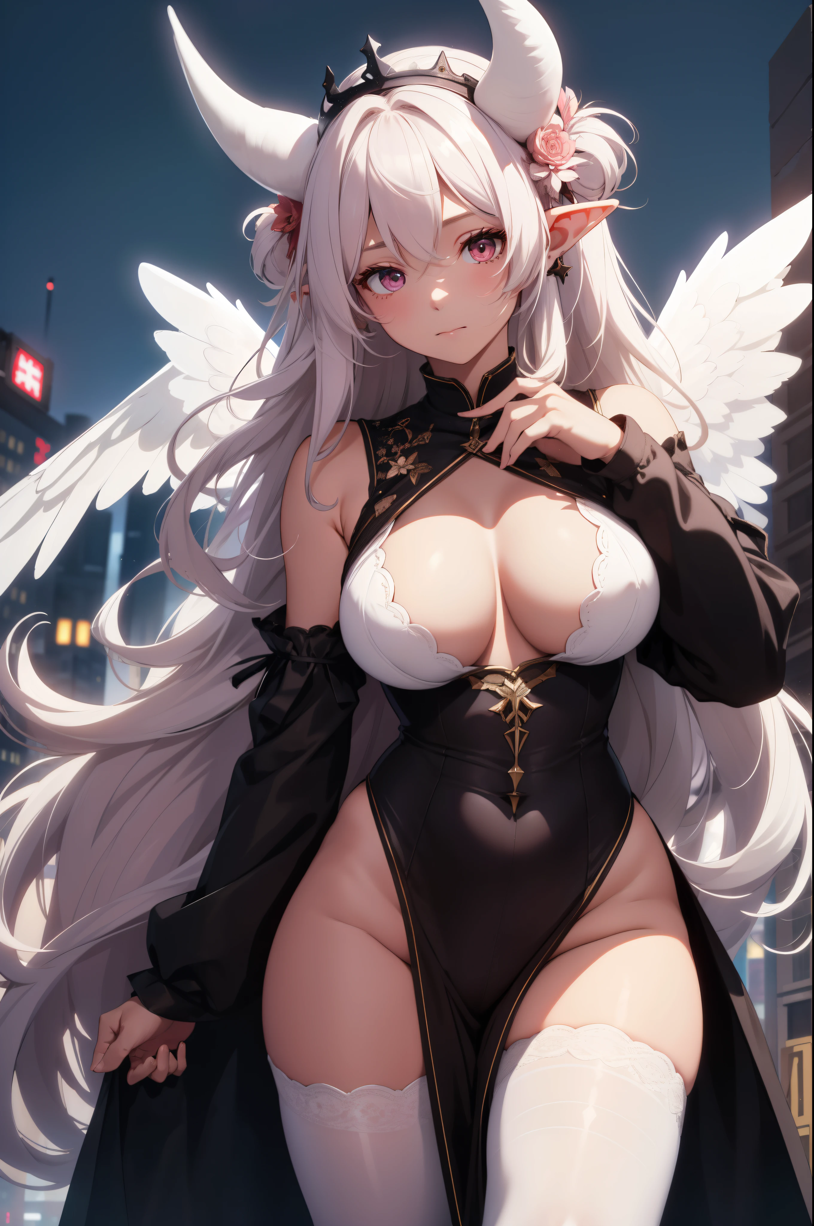 giant girl 50,000 feet high，Weight 1000kg，Have a pair of long legs，Keep your eyes open，Has three pairs of huge white angel wings，With huge devil horns on his head，wear a crown on your head，Elf wearing white earrings，She has long pink hair that reaches her feet，loose hair，Pink wavy long curly hair，Wearing a pair of black boots on her feet，white sleeves，Wearing white lace pantyhose，Bow and star embellished tights，白色蕾丝whole body，Stand on the tall buildings of the city，Beautiful appearance，Exquisite makeup，quality，8k，高quality，Perfect proportion, Cinema lighting，film grain，Fuji colors，8k，textured skin，Super details，high detail，high resolution，charming，blood stains，脚底有blood stains，whole body，fat，elf princess，feather，flowers