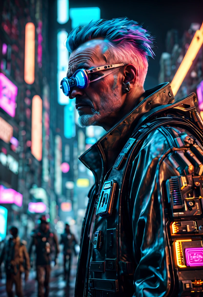 Generate a hyperrealistic 4K image of a cyberpunk aged man protagonist navigating a futuristic cityscape. Emphasize detailed, professional-grade 3D rendering with HDR effects and UHD resolution. The character should be intricately designed with cybernetic enhancements, wearing cutting-edge futuristic attire. The cityscape should feature advanced technologies, neon lights, and a mix of realistic and imaginative elements. Utilize Unreal Engine v5 or similar software for realistic rendering, ensuring the final image exudes a photorealistic quality. Explore high-resolution textures, hyper-detailed facial expressions, and employ techniques reminiscent of Midjourney, Stable Diffusion, and Leonardo AI styles. Capture the essence of a hyper-detailed, immersive cyberpunk world through this visual narrative.