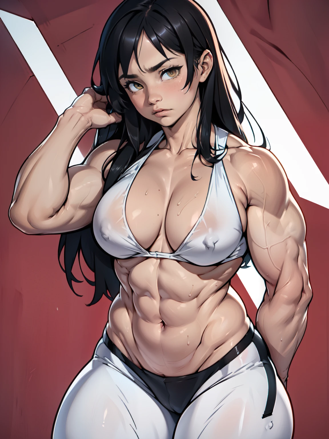 40 year old woman ((muscular girl large breasts thick)) sad pale skin black hair yellow eyes sad thin waist thin waist thin waist thin waist thin waist sweaty long abs long abs long abs long abs leggings simple background, Aesthetic female muscular trapezius, female muscular deltoids, female muscular pectoralis, a thick athletic female muscular female bodybuilder with very tight female muscles which includes tight and female muscular strong sholders, female Aesthetic biceps, tight 6 pack abs