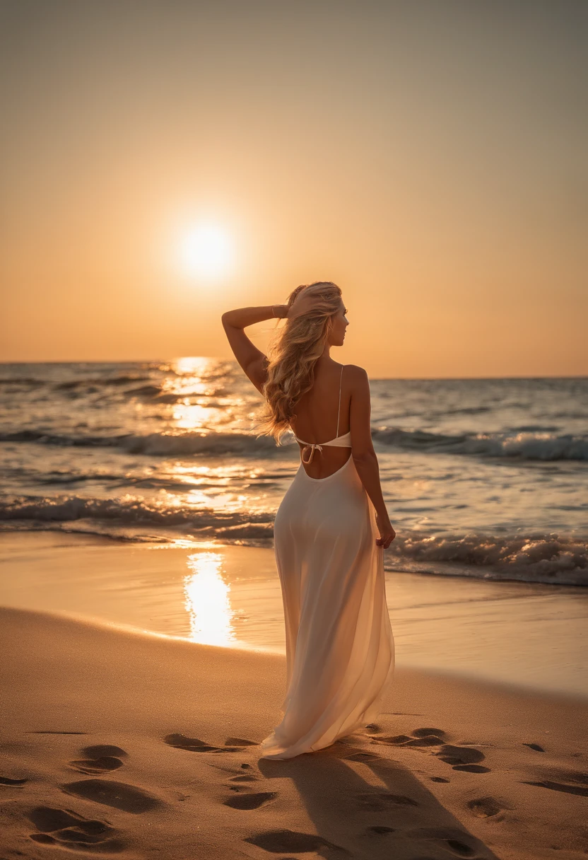 full-body shot, 1 Girl beautiful, gehen, auf Zehenspitzen, Back to Camera, 23 Jahre, Feet show, white nails, lange blonde Haare, Bikini, athletic body, Meer wellen Strand Sommer Sonnen untergang, UHD, Meisterwerk, anatomisch korrekt, Hohe Detailgenauigkeit, hight resolution, best quality, Super detailliert, 8K