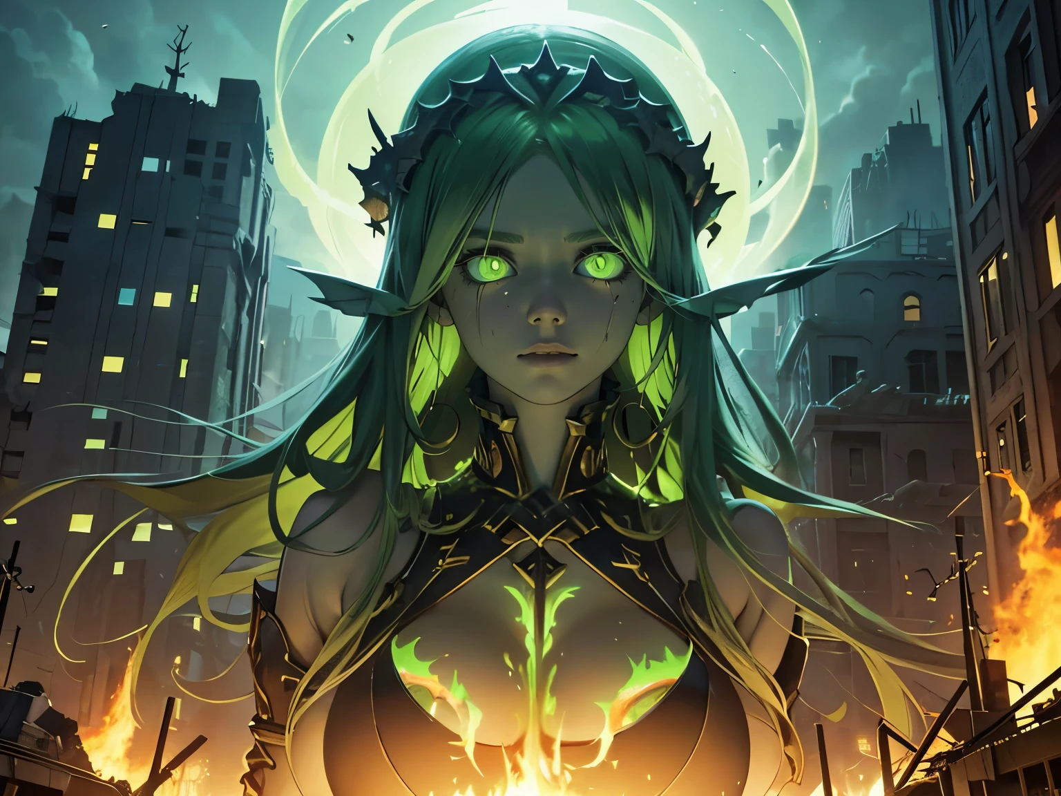 destroyed city, angle from below, (200 meter tall huge goddess floating, emits light from all over the body, last judgment, light-green flame, lost pupils, drooping eyes, realistic skin),