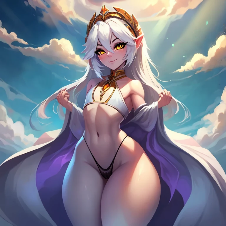 Masterpiece, God, pale white skin, long white hair, golden eyes, tall, beautiful features, gigantic thighs, wide hips, gigantic ass, femboy, staring at viewer lovingly, thong, facing the viewer, heavenly background, clouds, sunlight, girly, white robes