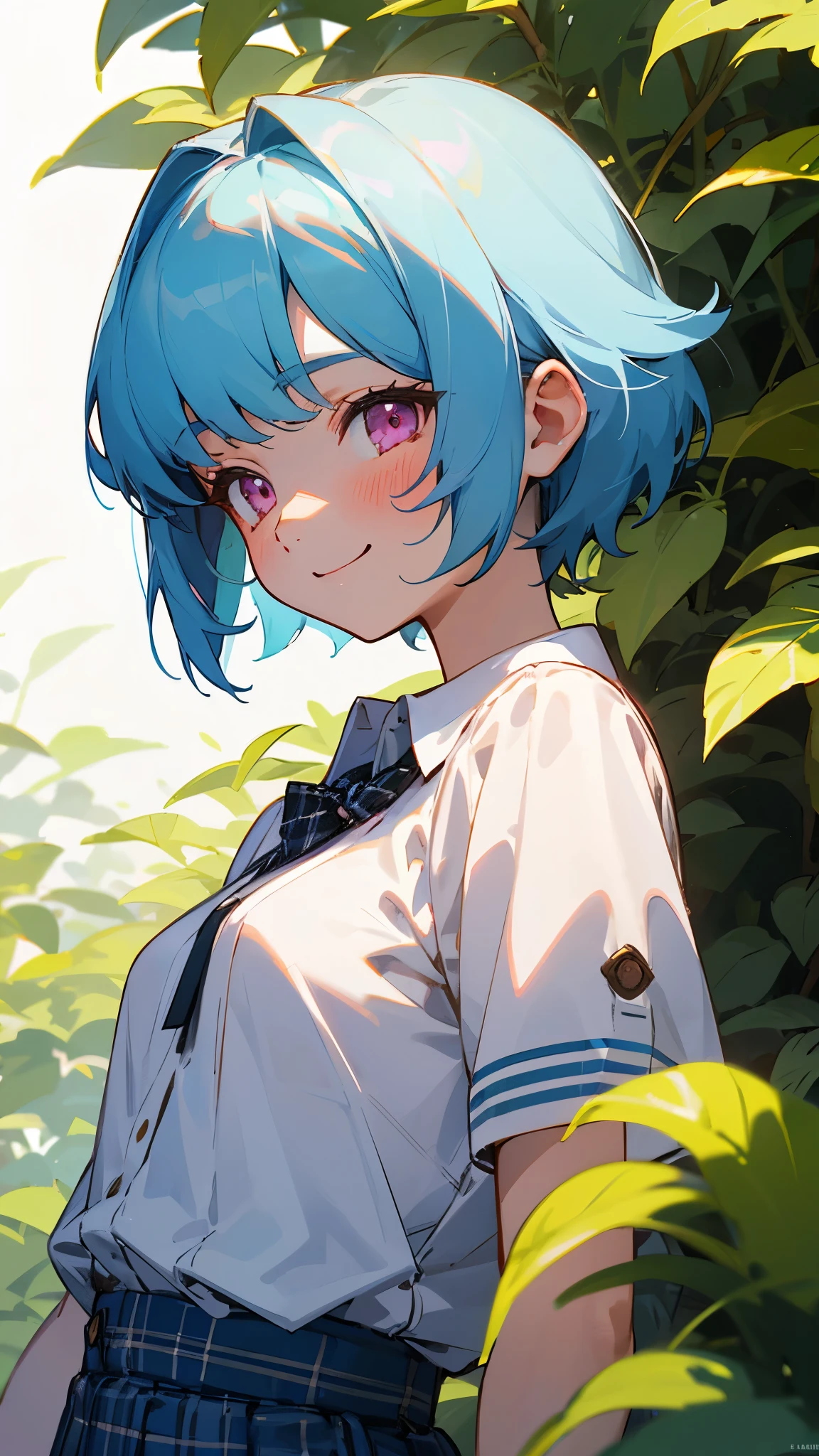 16 year old girl、light blue hair、pink eyes、smile、blush、small breasts、From the side、large amount of acorns、White blouse shirt、plaid mini skirt、upper body close-up、Under the bright sunlight filtering through the leaves、sharp outline、tomboy、boyish、first-class、masterpiece