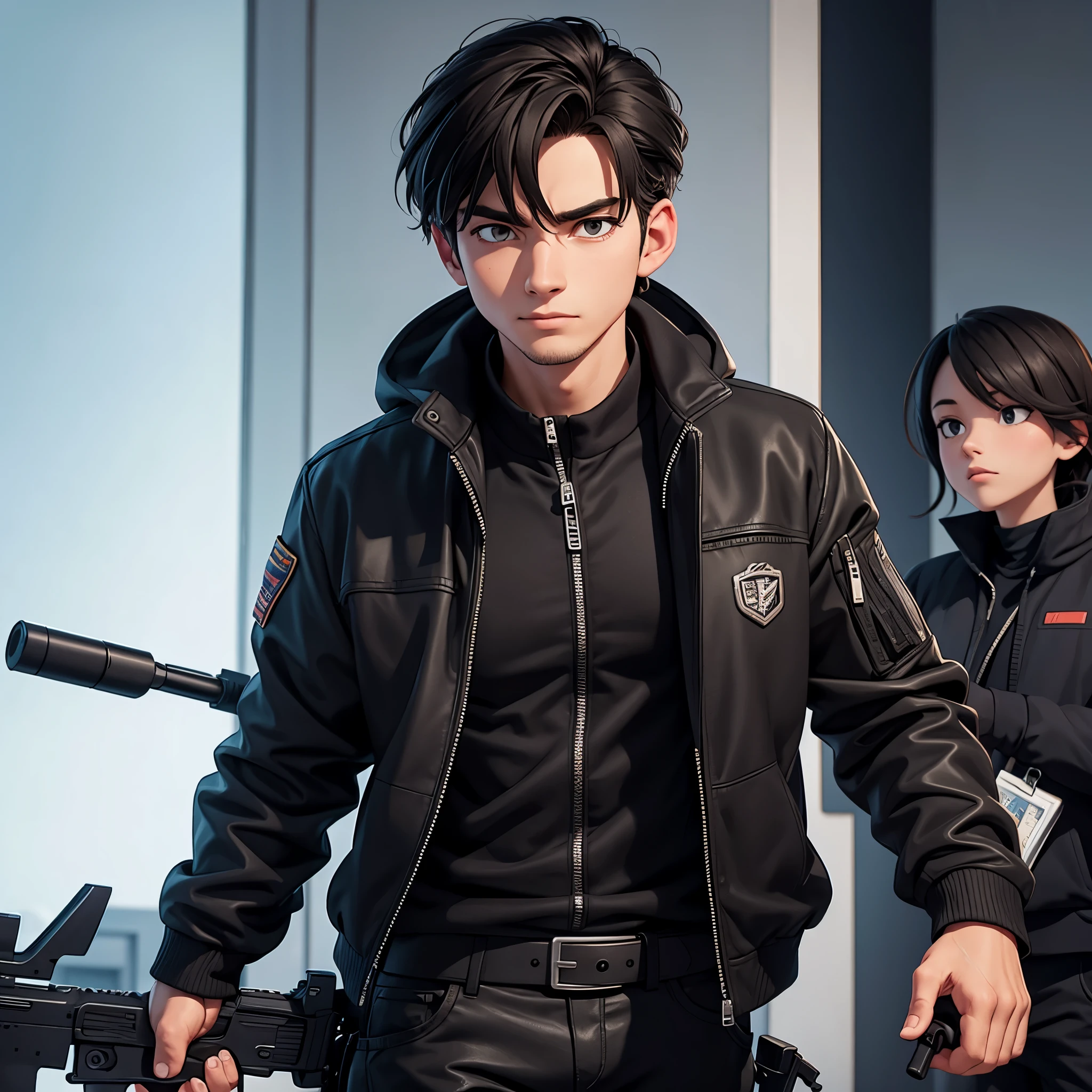 The guy in the black jacket with the gun