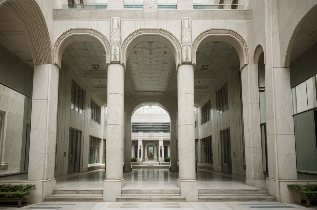(highest quality,4K,8K,High resolution,masterpiece:1.2),super detailed, ((art deco architecture)), National Gallery of Art、((Geometric pattern))、bright atmosphere、(Asahi), ((Bright courtyard:1.3))