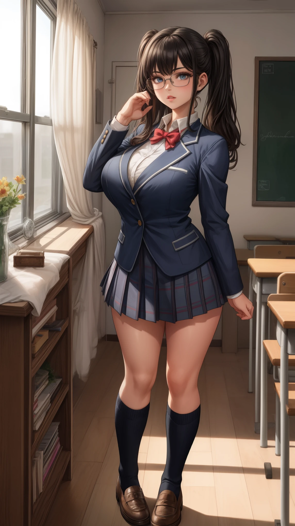 anime female character in school uniform, with short skirt, 
BREAK
, nakamuramisaki, twin tail, Glasses, black hair, (Beautiful,Huge_Breasts:1.3), milf,
BREAK
, 1girl, solo, Standing in the garden, full body, full figure,
BREAK
, Beautifully detailed illustration of a cozy and meticulously decorated school classroom with warm lighting, vibrant colors, and an inviting atmosphere.
BREAK
, school uniform, thigh-highs, ブレザー burezaa (Blazer), bow, school uniform, bowtie, shoes, loafers, ribbon,
BREAK
, beautiful detailed eyes, beautiful detailed lips, extremely detailed eyes and face, long eyelashes,
BREAK
, medium: oil painting, atmospheric lighting, dreamy color palette, detailed interior decoration, quiet and peaceful ambiance,
BREAK
, (best quality,4k,8k,highres,masterpiece:1.2), ultra-detailed,