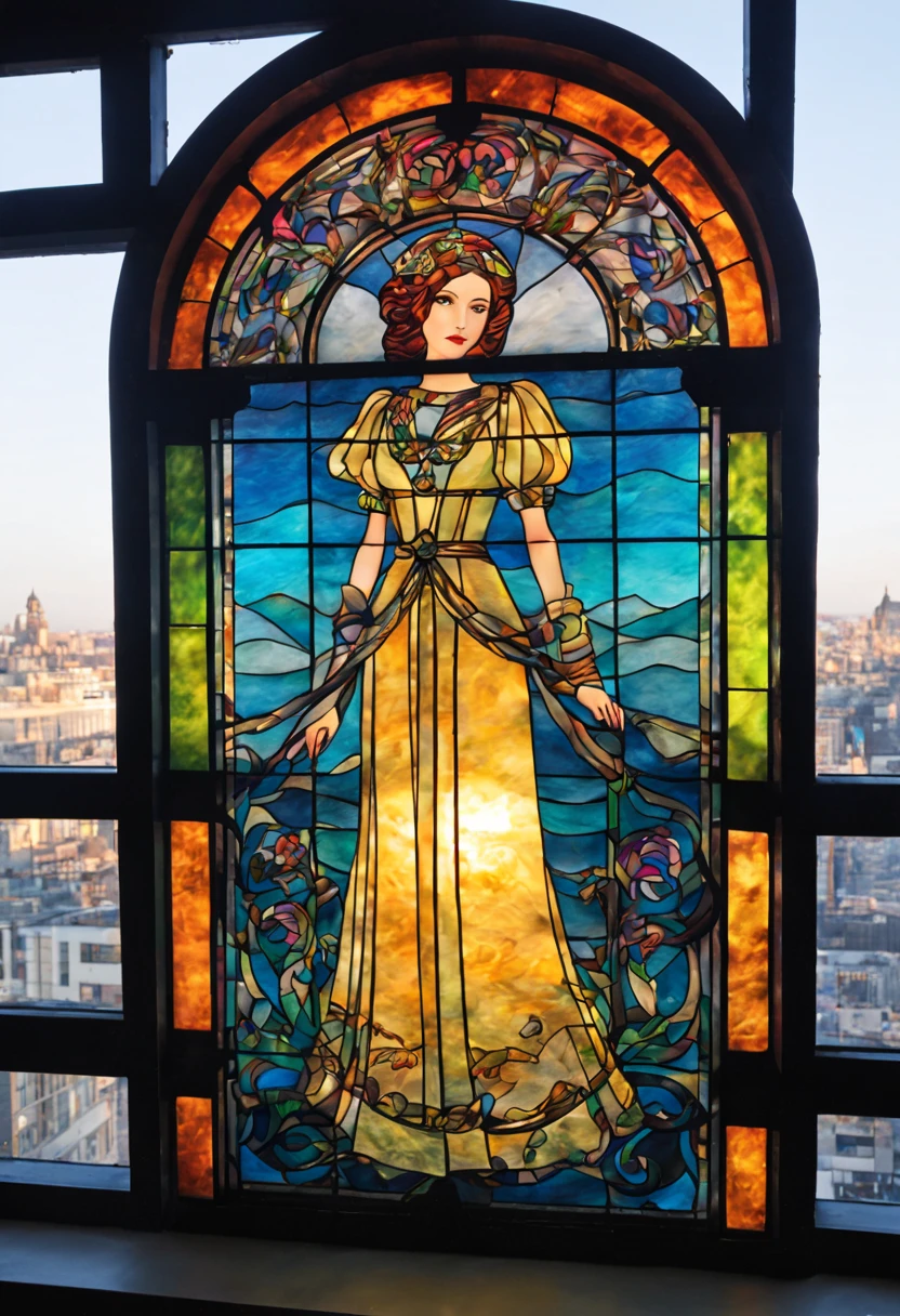 (masterpiece, top quality, best quality,official art, Beautiful and beautiful:1.2),(1 girl:1.3), 1 girl BREAK stained glass art, stained glass, Lead wire, TranslucencyBREAK Bright colors, complex design, glow effect, atmosphere.Art Deco/art deco/Art deco.a close up of a Multicolored Glass window in a building, intricate Multicolored Glass, beautiful Multicolored Glass window, Multicolored Glass!!,Art and craft.art. gothic Multicolored Glass style,