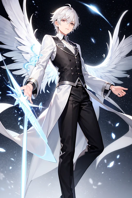boy, white silver hair, silver shiny eyes, long sleeves, vest, long black pants, boots, tall, transparent wings, surrounded by silver energy, casual, wings as thrusters