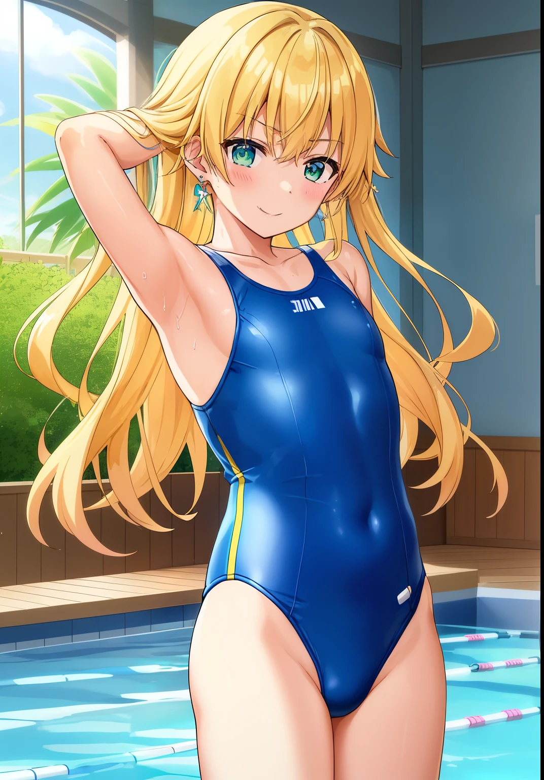 anime boy、Beautiful boys、A cute boy、Junior high school boys、solo、Boy in swimsuit、one piece swimsuit、earrings、boy with very long blonde hair、clothing:High-cut swimwear、Swimsuit for swimming competitions、covered_nipples、Depth of bounds written、looking_at_viewer、Pectoral muscle、水色と黄色のタンクスーツを着たanime boy、Light blue and yellow high-leg racing swimwear、Two-tone high-leg racing swimsuit、smile、rating:questionable、covered_navel、In the indoor pool、His arms are placed behind his back.、blurred background、cowboy shot、Boy standing、collarbone、Swimsuit、Green-eyed boy、mouth closed、parted bangs、boy with half up hair、dutch angle、buttocks visible from thighs、Bare shoulders、bare legs、bare arms、shiny、rating:safe、Eyebrow、navel、male focus、