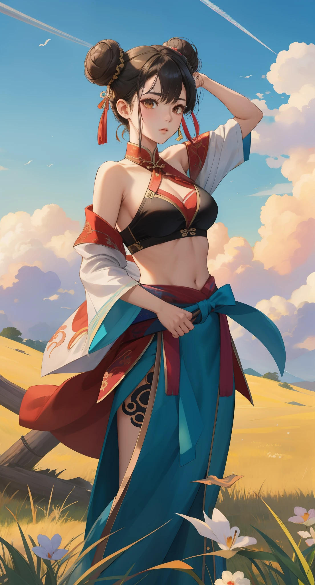 Paichang, Twin blades with blue ribbon, brown eyes, double bun,black hair, alone , Tai Chi stance, close,
Paiati,Bikini figure、Kungfu pose、high kick、
blue sky, cloudy, evening, grassland,
(Extremely detailed, beautiful detailed face, masterpiece, highest quality)