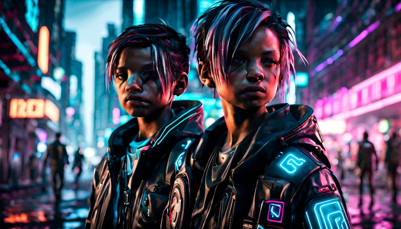 Generate a hyperrealistic 4K image of a cyberpunk 5 year boy and girl protagonist navigating a futuristic cityscape. Emphasize detailed, professional-grade 3D rendering with HDR effects and UHD resolution. The character should be intricately designed with cybernetic enhancements, wearing cutting-edge futuristic attire. The cityscape should feature advanced technologies, neon lights, and a mix of realistic and imaginative elements. Utilize Unreal Engine v5 or similar software for realistic rendering, ensuring the final image exudes a photorealistic quality. Explore high-resolution textures, hyper-detailed facial expressions, and employ techniques reminiscent of Midjourney, Stable Diffusion, and Leonardo AI styles. Capture the essence of a hyper-detailed, immersive cyberpunk world through this visual narrative.