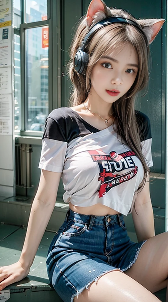 lifelike, high resolution, soft light,1 female, alone, Buttocks up, shiny skin, (Detailed face), jewelry, tattoo, Off-the-shoulder T-shirt, Painted T-shirt, skirt, pink headphone, headphones with cat ears, game player, white hair