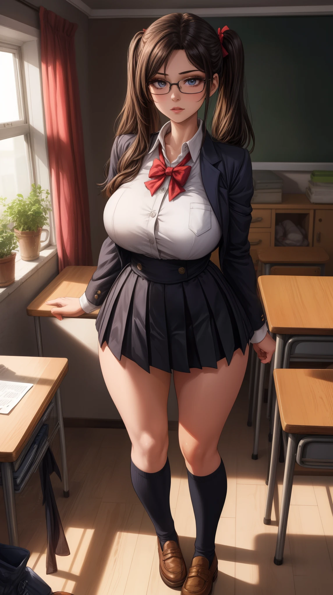 anime female character in school uniform, with short skirt, 
BREAK
, nakamuramisaki, twin tail, Glasses, black hair, (Beautiful,Huge_Breasts:1.3), milf,
BREAK
, 1girl, solo, Standing in the garden, full body, full figure,
BREAK
, Beautifully detailed illustration of a cozy and meticulously decorated school classroom with warm lighting, vibrant colors, and an inviting atmosphere.
BREAK
, school uniform, thigh-highs, ブレザー burezaa (Blazer), bow, school uniform, bowtie, shoes, loafers, ribbon,
BREAK
, beautiful detailed eyes, beautiful detailed lips, extremely detailed eyes and face, long eyelashes,
BREAK
, medium: oil painting, atmospheric lighting, dreamy color palette, detailed interior decoration, quiet and peaceful ambiance,
BREAK
, (best quality,4k,8k,highres,masterpiece:1.2), ultra-detailed,