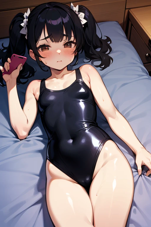 A beautiful girl with black hair and brown eyes. She is wearing a one-piece swimsuit in a bedroom. Her hair is styled in twin tails, and she has a flat chest. Her eyes are half-closed with a rolling eye expression, and she has a slight blush on her cheeks. She is sweating slightly, and her breathing is heavy. The artwork should be a masterpiece, with ultra-detailed features. The girl is lying down on a bed, holding a smartphone in her hand. The art style should have an anime touch.