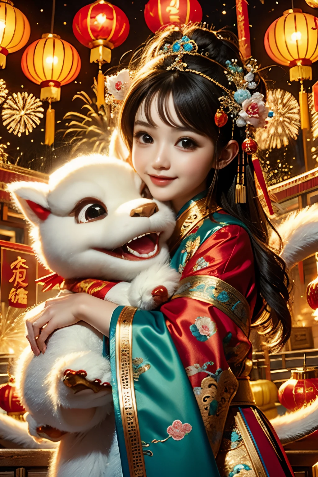 1 girl hugging cute little chinese dragon, ancient chinese little princess, chinese  dragon, cute, festive, chinese lunar new year, firecrackers, fireworks