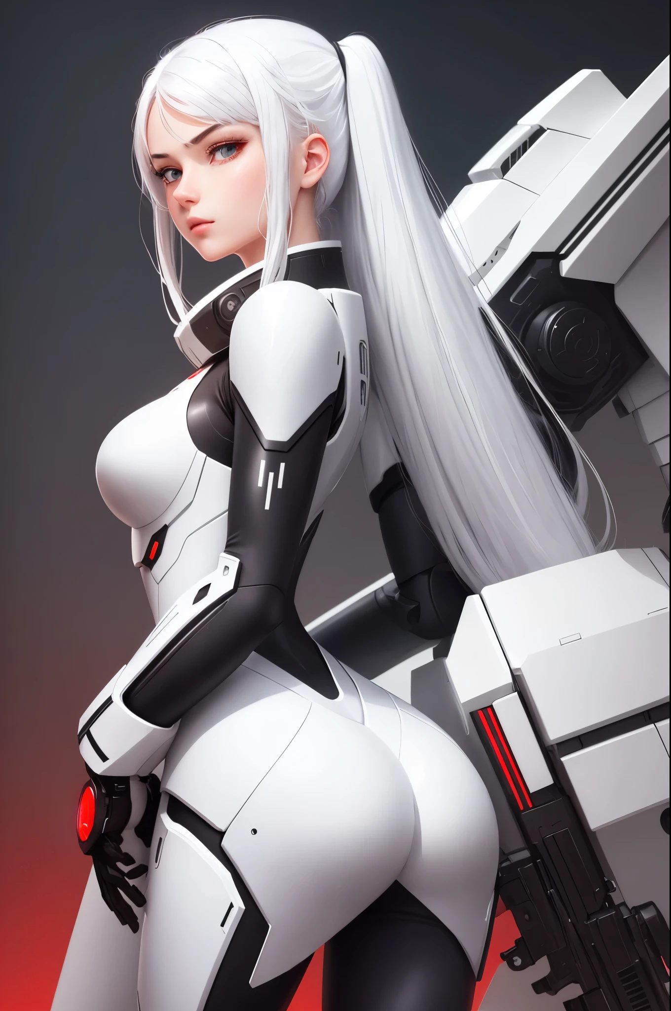 1girl, detailed beautiful face and eyes, white hair, black mecha suit, minimalism, gun, side view, bright red background, simple background, Fisheyes, masterpieces, top quality, best quality, official art, beautiful and aesthetic, animation, raise the butt,