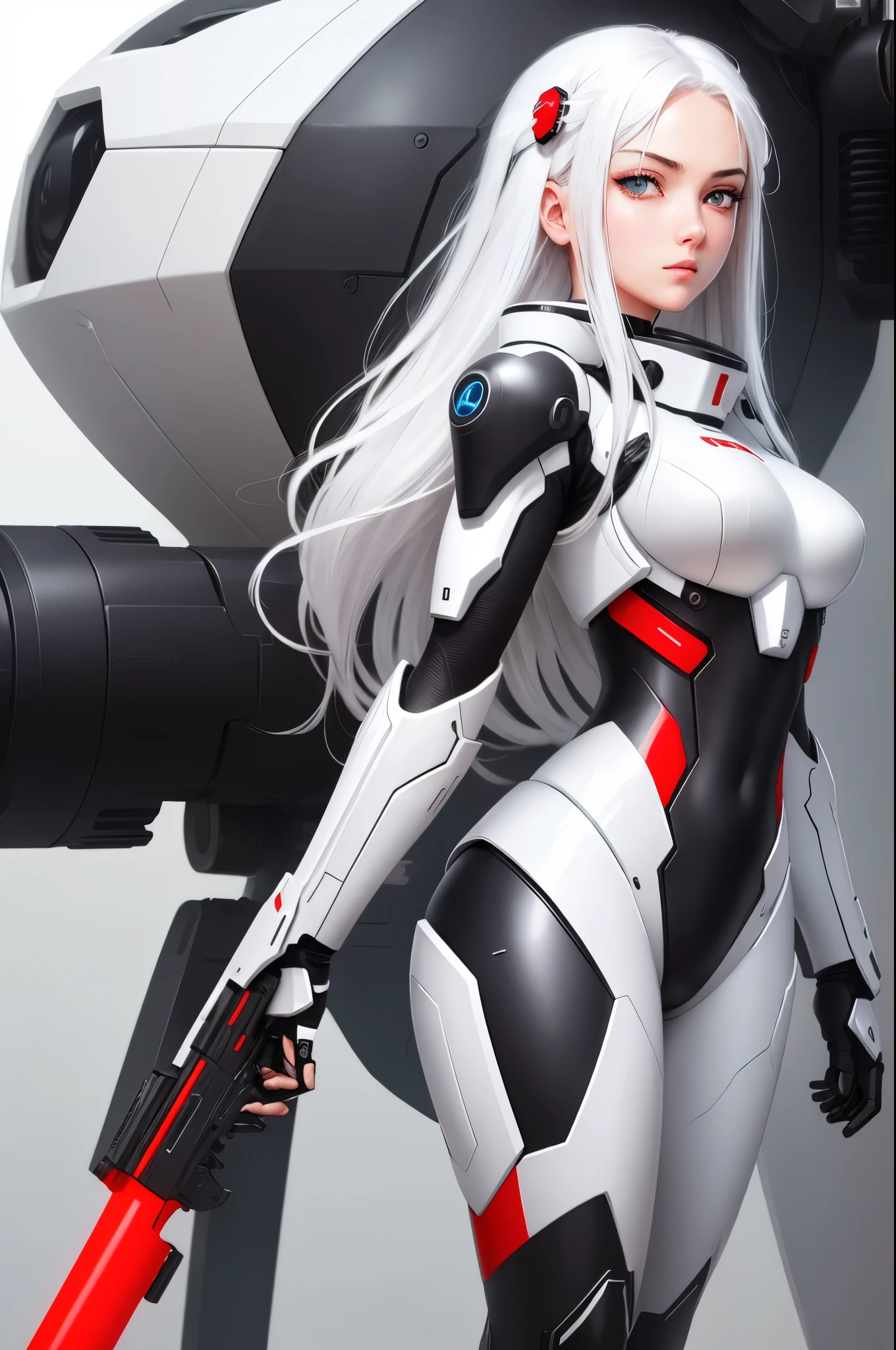 1girl, detailed beautiful face and eyes, white hair, black mecha suit, minimalism, gun, side view, bright red background, simple background, Fisheyes, masterpieces, top quality, best quality, official art, beautiful and aesthetic, animation, raise the butt,