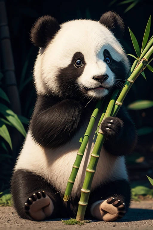 cute panda playing with bamboo, black and white, cute, illusration