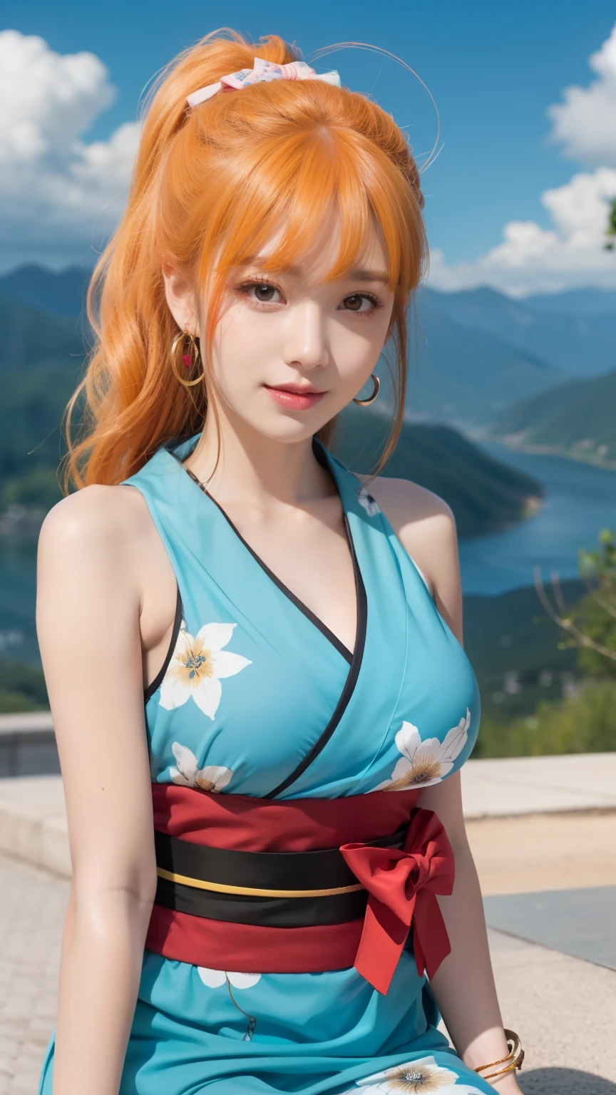 2d, masterpiece, best quality, anime, highly detailed face, highly detailed background, perfect lighting, nami, 1girl, solo, long hair, smile, jewelry, sash, japanese clothes, obi, orange hair, kimono, bow, light blue kimono, flower, flower print, earrings, looking at viewer, sleeveless kimono, ahoge, ribbon, hair bow, sky, day, bracelet, sleeveless, ;\), blue bow, outdoors, breasts, cloud, closed mouth, ponytail, blue sky, brown eyes, orange eyes, left shoulder tattoo, bare shoulders, very long hair, sidelocks, bangs, collarbone, upper body, left arm tattoo, bare arms, official alternate costume, blurry, hand gesture, alternate costume, medium breasts, blurry background, large breasts, eyelashes, mountain, parody, cloudy sky, sitting, shiny hair, bangle, wavy hair, 