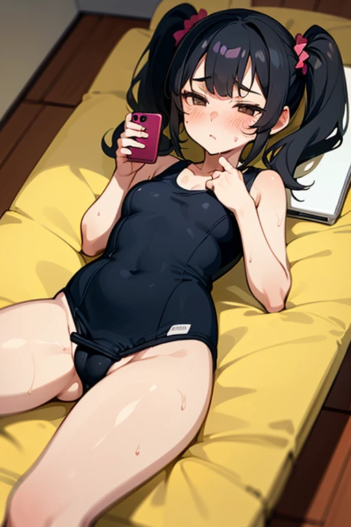 1girl, ,testicles,black hair,brown eyes,,one-piece swimsuit,in bedroom, ,school swimsuit,twin tail,flat creast,half-closed eyes,rolling eye,blush,sweat,heavy breathing,masterpiece,lie,(((smartphone))),anime,
