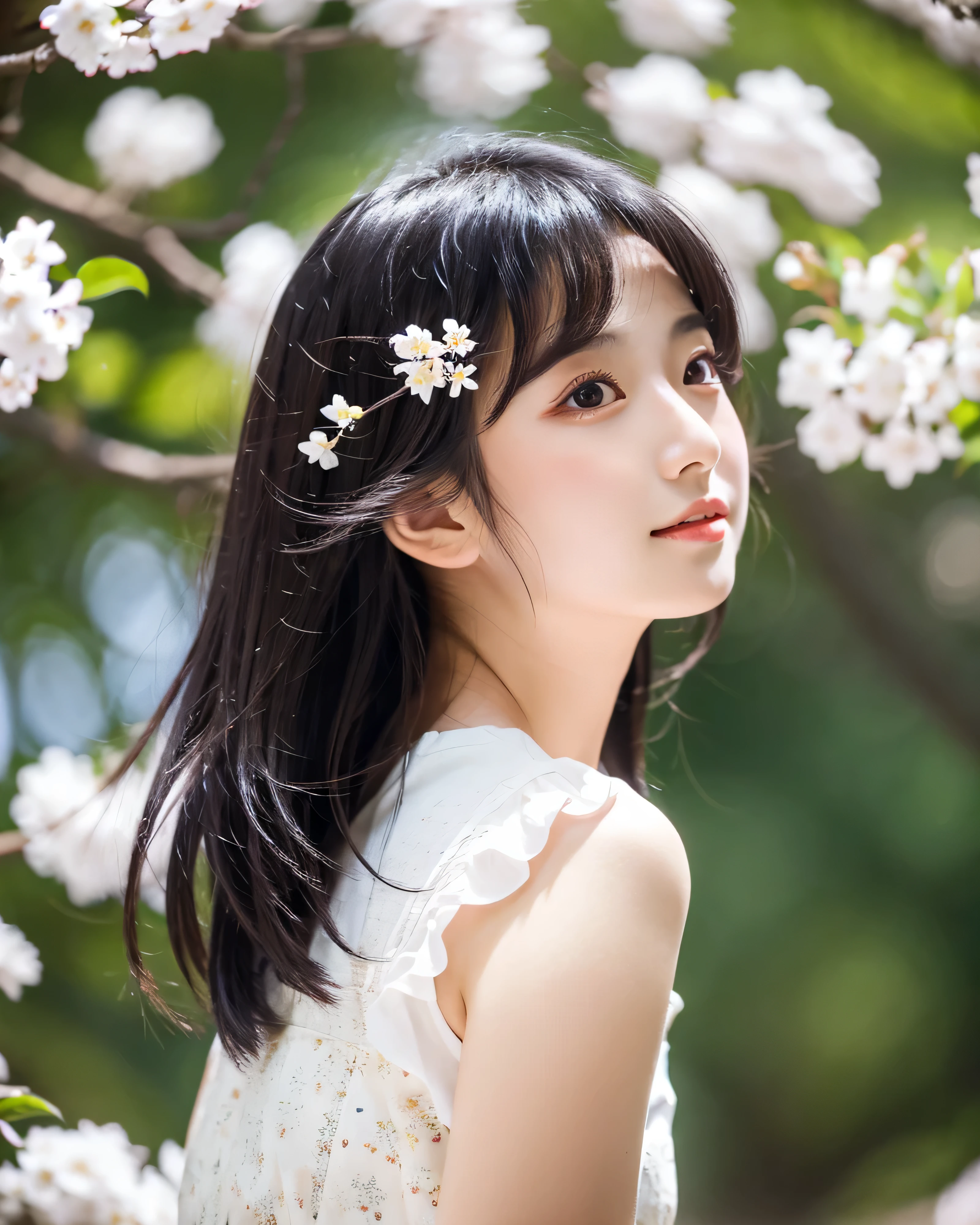 beautiful japanese woman big magic eyes smooth soft skin Detailed dark hair with intricate colors Black hair swaying in the wind medium hair white shirt black mini skirt cherry blossoms wood々Beautiful sunlight shining through professional lighting professional photographer