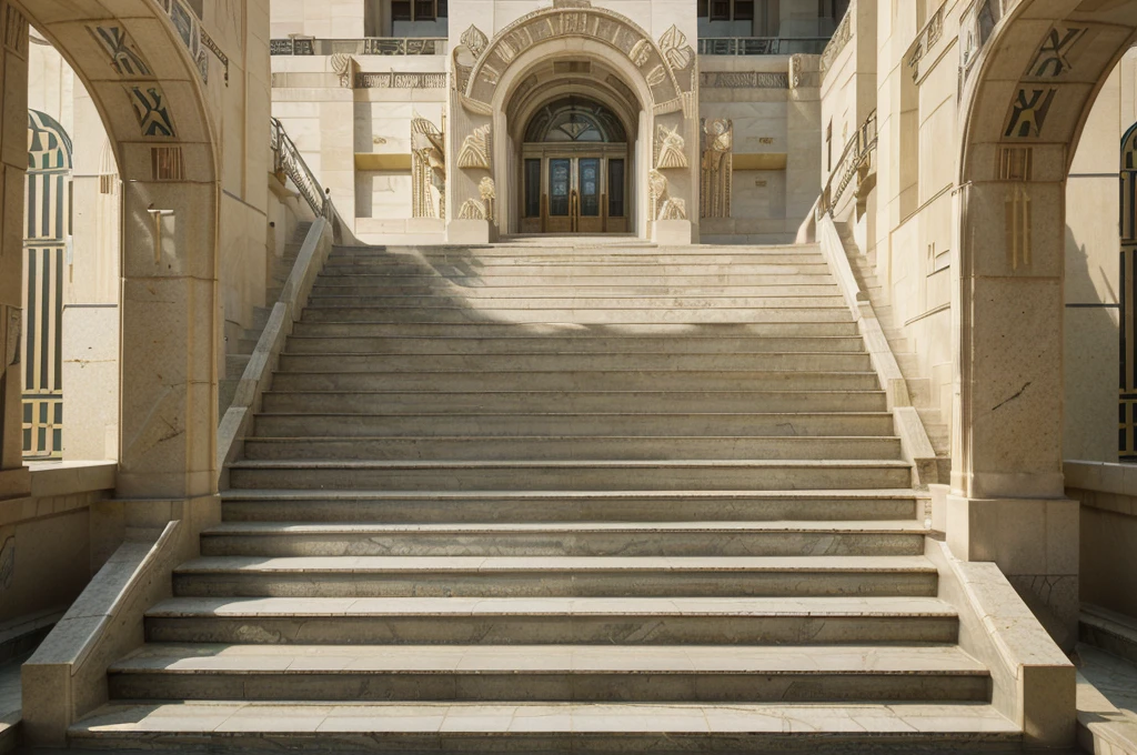 (highest quality,4K,8K,High resolution,masterpiece:1.2),super detailed, ((art deco architecture)), National Gallery of Art、((Geometric pattern))、bright atmosphere、(Asahi), ((Stone staircase:1.3))