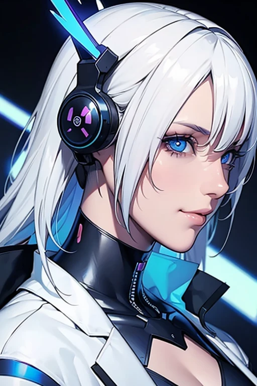 Woman avatar, cyberpunk, white hair, blue eyes, microphone, head ware cyberpunk, Lens over eye, moth open for speaking, kables, half profile, look at the camera,light smile, cyber eye, 