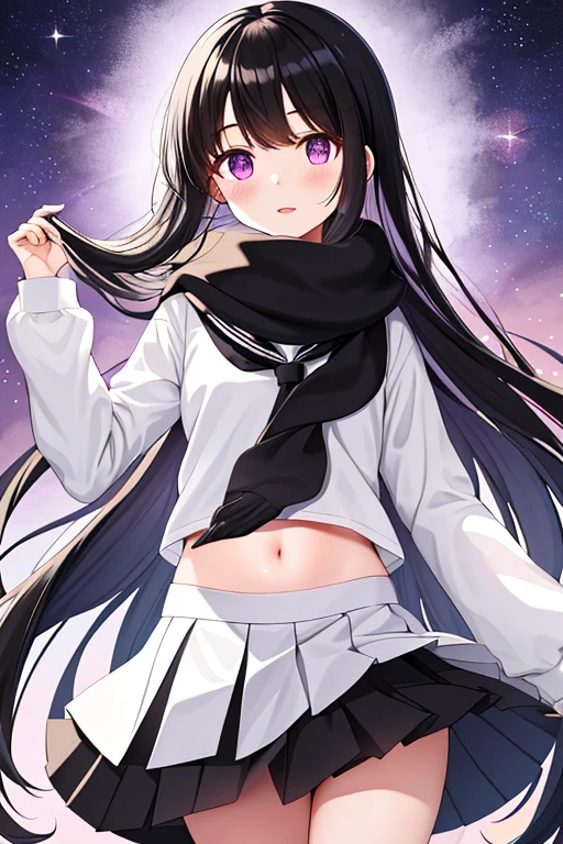 1 girl, Chitanda era, long hair, black hair, Uniforms, purple eyes, White shirt, white socks, pleated skirt, Bangs, Black sailor collar, scarf, black skirt, long sleeves, (shirt lift:1.2), navel, OK,