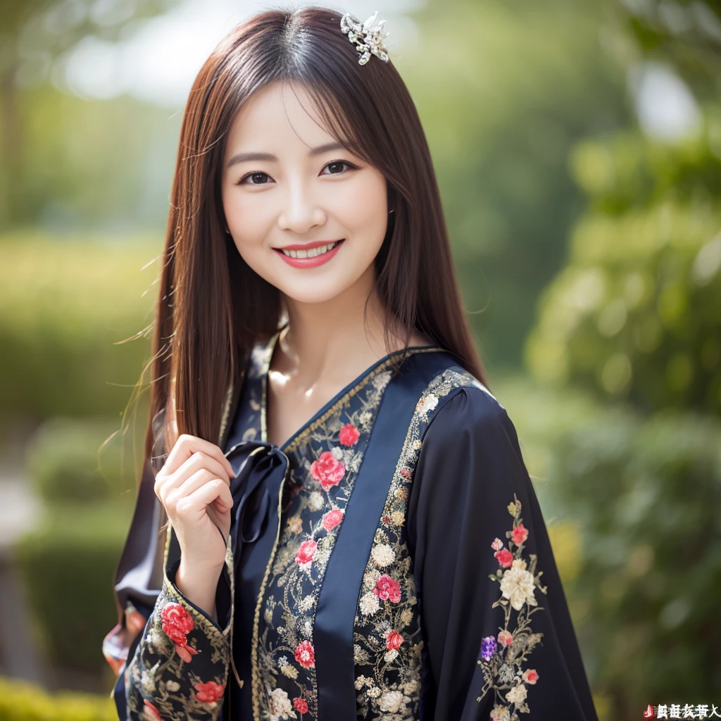 A real photo of a Chinese woman, mature mature mature young、Black straight long hair、 smile a little, Traditional costume, , eye level shot, blurry, UHD, masterpiece, High resolution, 16k
