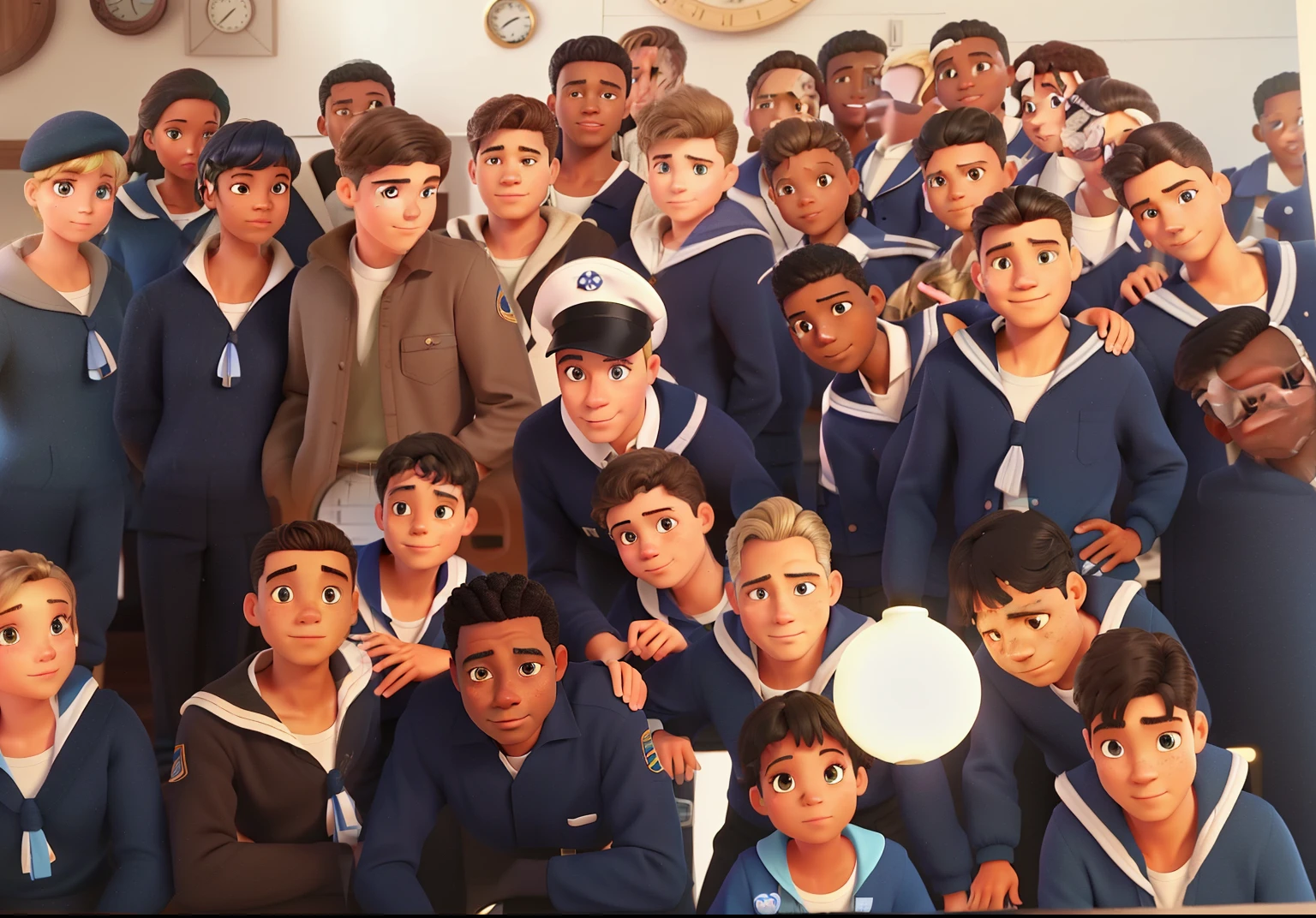 90 sailors, male, 50 years old, 4 black, 8 light brown, 10 blonde, and the rest light, all in blue uniforms!