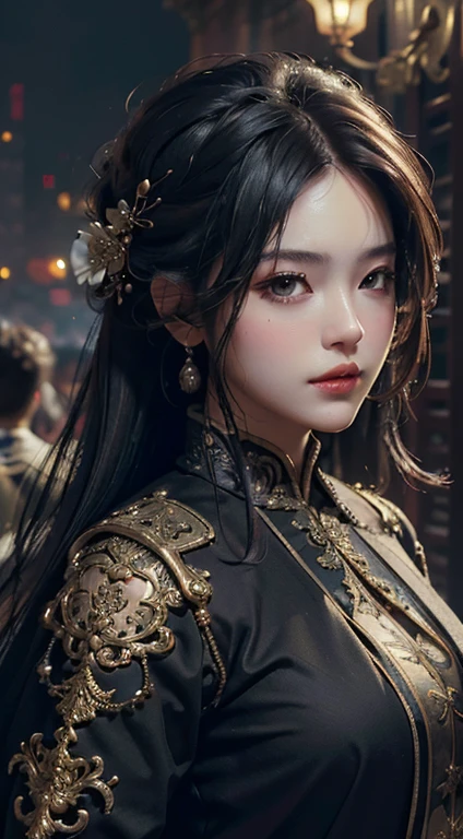 best quality, (original photo: 1.2), (masterpiece: 1.4), (actual: 1.4), (high resolution: 1.4),, depth of field, intricate details, 8k, Very detailed, perfect lighting, Epic background, Big bust 1.3, Black Zhongshan suit