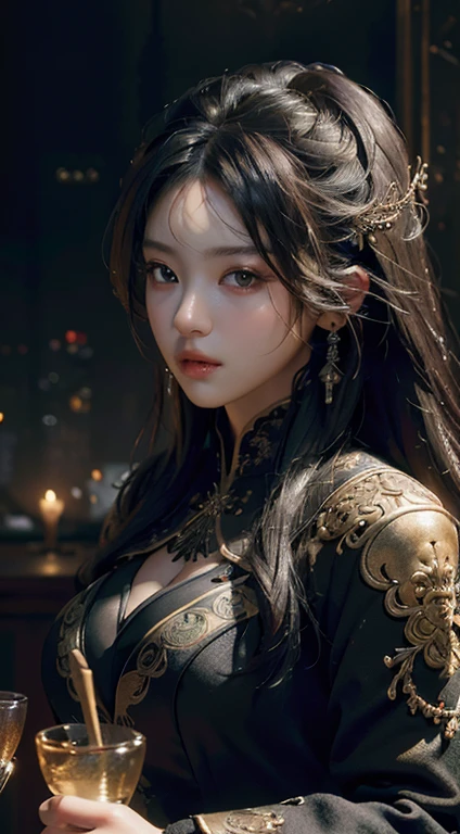 best quality, (original photo: 1.2), (masterpiece: 1.4), (actual: 1.4), (high resolution: 1.4),, depth of field, intricate details, 8k, Very detailed, perfect lighting, Epic background, Big bust 1.3, Black Zhongshan suit