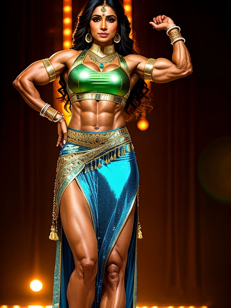 best quality, realistic, hologram of a beautiful older indian ifbb, four arms, multple arms, cybernetic hair, gold top, iridescent skirt, translucent skirt