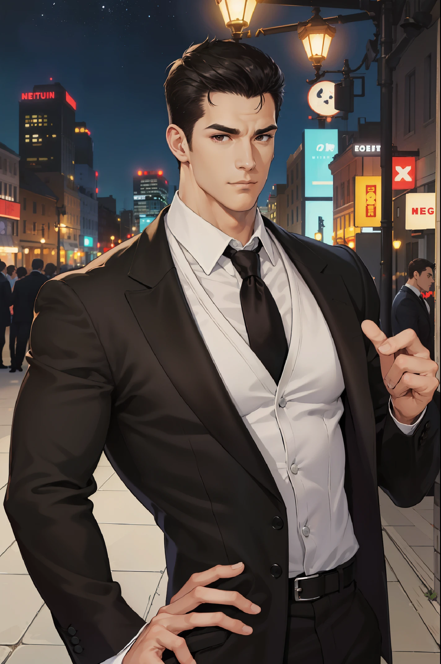 (ridiculous, high resolution, super detailed, actual, ), 1 male, alone, aldult, Mature, tall muscular man, broad shoulders, Handsome, very short hair, black hair, brown eyes, square peg, thick neck, thick eyebrows, night, dark, the night view of the city background, formal suit, tie, Upper body