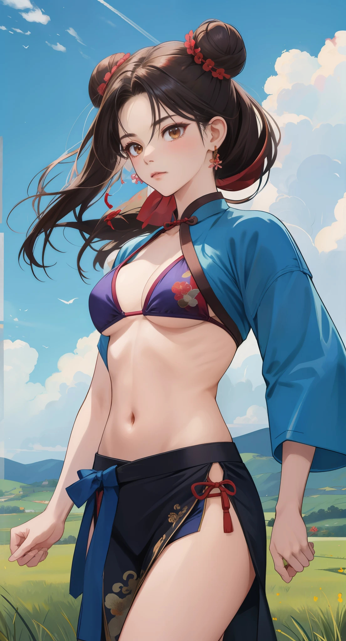 Paichang, Twin blades with blue ribbon, brown eyes, double bun,black hair, alone , Tai Chi stance, close,
Paiati,Bikini figure、Kungfu pose、high kick、
 blue sky, cloudy, evening, grassland, 
(Extremely detailed, beautiful detailed face, masterpiece, highest quality)   