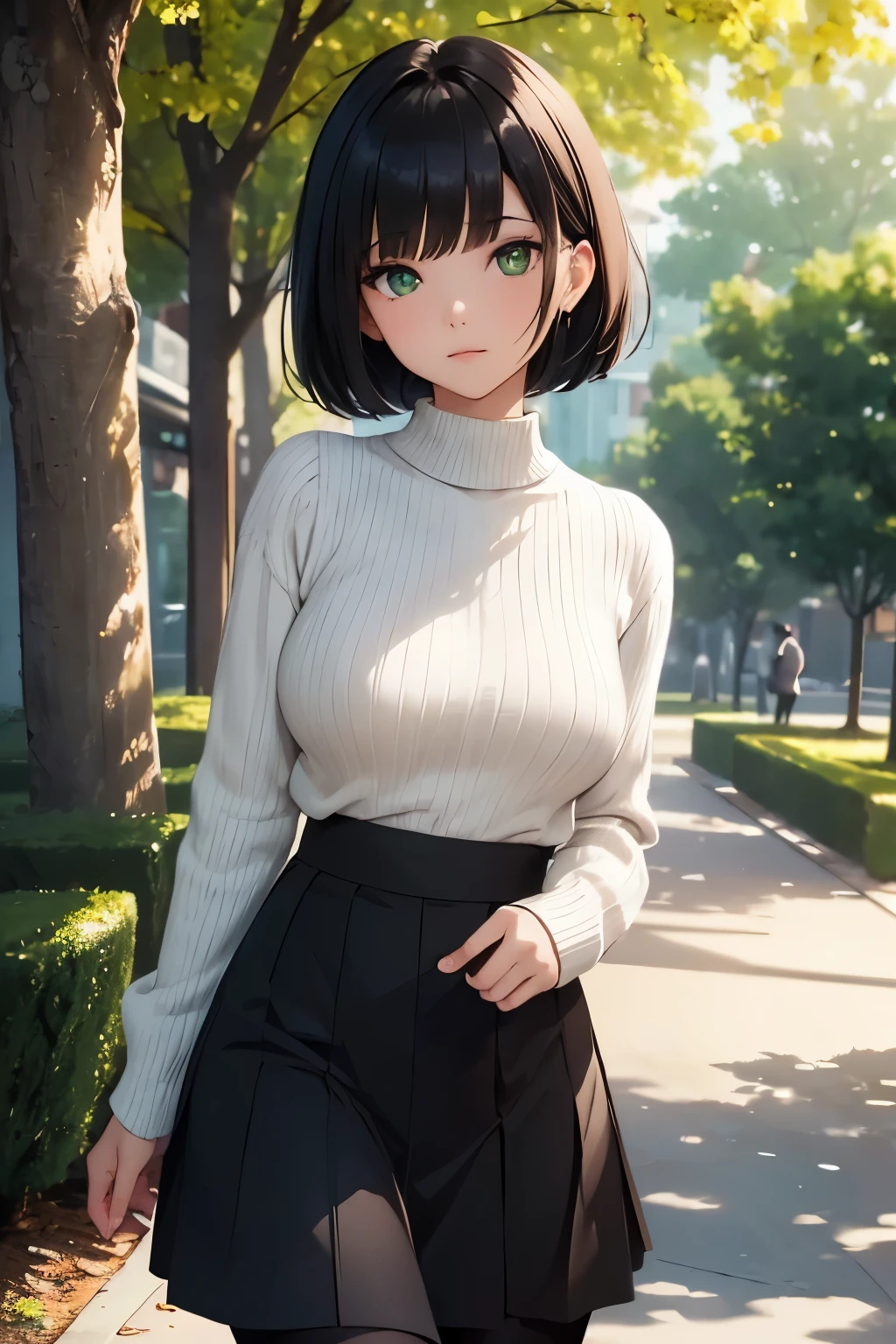 masterpiece, beautiful detail, beautiful light and shadow, 1 asian girl, beautiful black bangs, short hair, beautiful green eyes, knitted high-waist long skirt, white sweather, pantyhose, loafers, small breasts, looking at the viewer, park during day, blurred background with an hint of tree