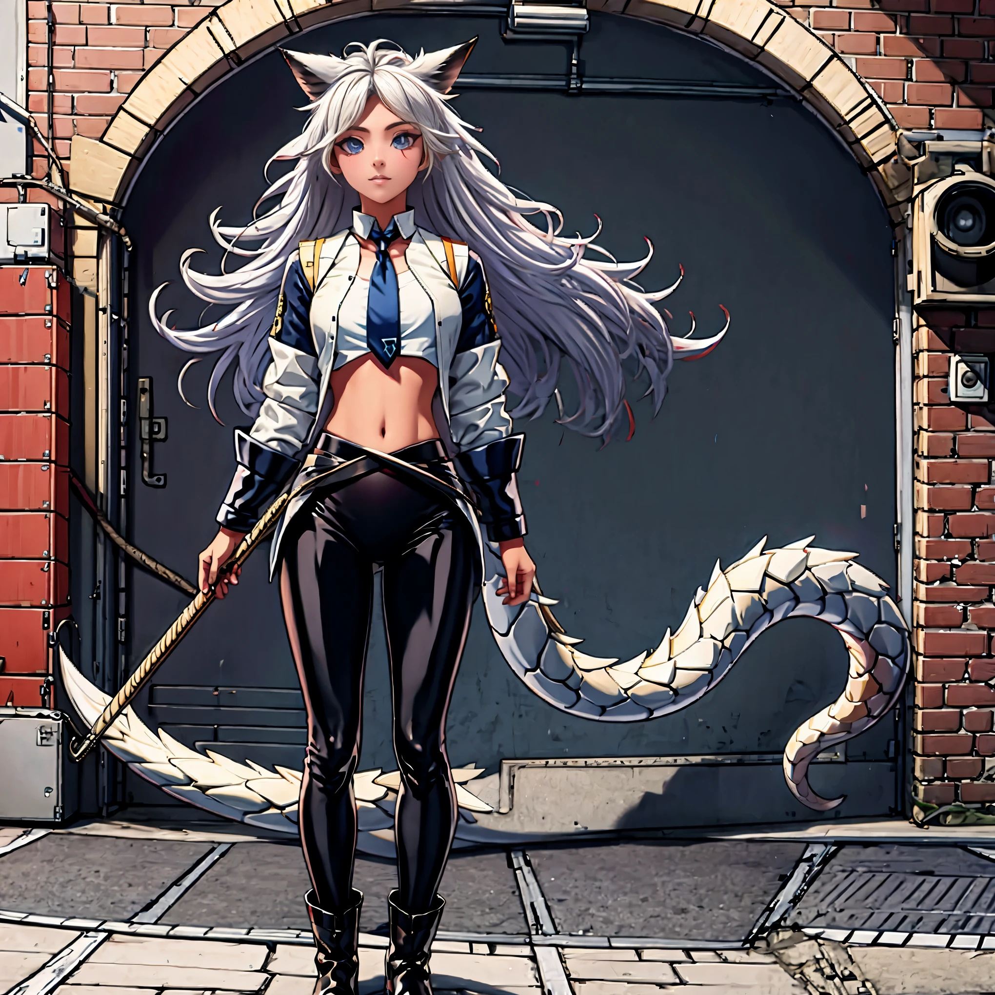 8k, resolution, high quality, high resolution, best quality, extremally detailed, best resolution, absurd resolution, ray tracing, high detailed, masterpiece, extremely detailed,detailed angelic face, shoulder length white hair, female,2 white wolf ears, teenage girl, slim body,white scale dragon tail, military boots,black leggings, navel blue school skirt, sailer shirt, white jacket, medium size chest, detailed blue eyes, detailed beautiful face,solo female,1 dragon tail, detailed eyes, tomboyish, dragon tail, white scales, 2 dragon wings, white fluffy wings