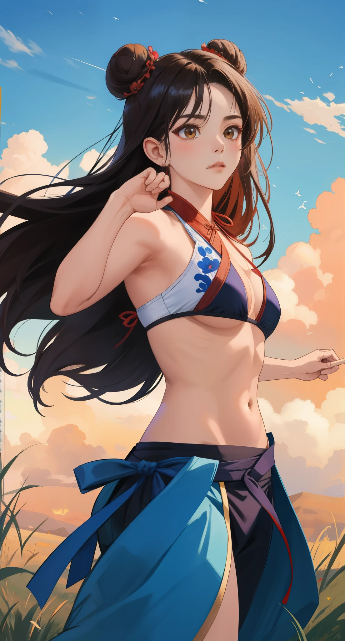 Paichang, Twin blades with blue ribbon, brown eyes, double bun,black hair, alone , Tai Chi stance, close,
Paiati,Bikini figure、Kungfu pose、high kick、
blue sky, cloudy, evening, grassland,
(Extremely detailed, beautiful detailed face, masterpiece, highest quality)